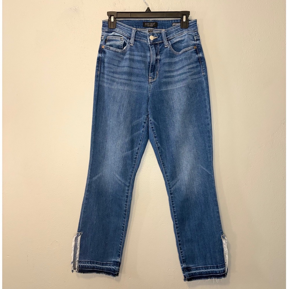 Judy Blue High Rise Straight Leg Jeans Womens 5/27 Medium Wash Frayed Split Hem